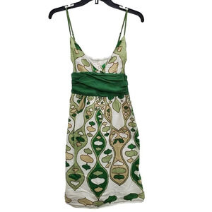 Studio M Women's White Green Silk Blend 70s Retro Print Summer Dress Size M‎
